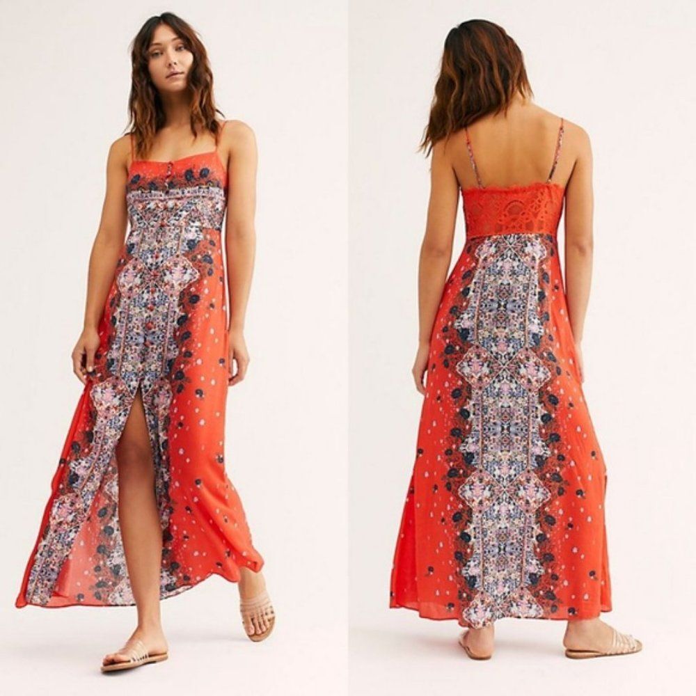 Free People Red Orange Paisley Maxi Dress